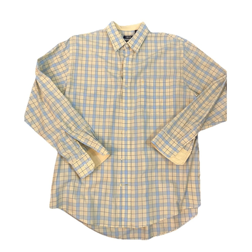 IZOD Shirt Mens Sz L Yellow Blue Plaid Long Sleeve Button Down‎ Casual Dress